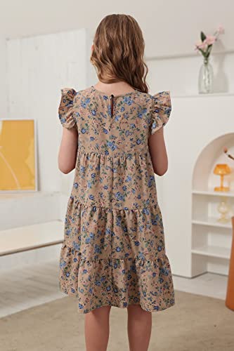 GORLYA Girls Floral Print Ruffle Sleeve Tiered Loose Fit Pleated Swing Midi Dress 4-14T2