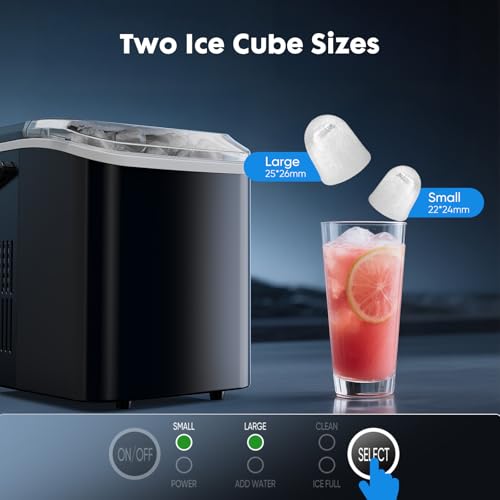 Sweetcrispy Countertop Ice Maker with Scoop, Basket and Handle, Portable Ice Machine 9 Ice Cubes Ready in 6 Mins, 26.5lbs in 24Hrs, 2 Sizes for Home Kitchen Office Bar Party