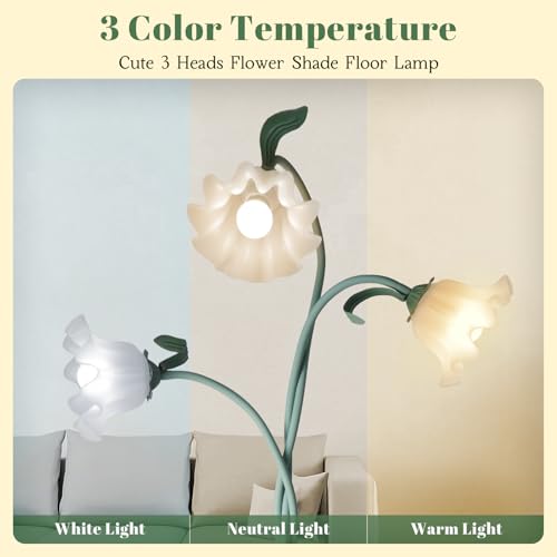 Image of Flower Standing Lamp for Bedroom, Cute Corner Floor Lamp with Flexible Gooseneck,3 Light Floor Reading Lamp with 3 Color Temperatures, Bulbs Included, LED Tall floor Lamp for Living Room Corner(Green)