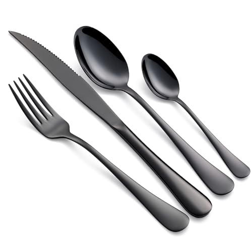 AMIKOTON Conjunto de Talheres de A&ccedil;o Inoxid&aacute;vel 24 Pe&ccedil;as Preto, 6 Faca, 6 Garfo, 6 Colher de Mesa...