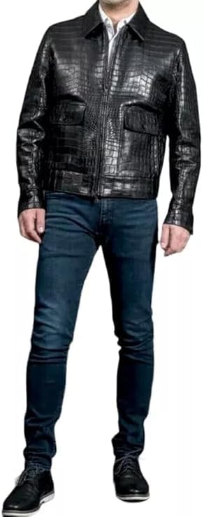 Mens Crocodile Black Real Leather Biker Jacket3