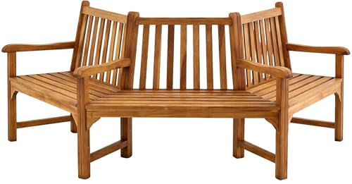 CLP Baumbank aus Teakholz halbrund Kenna, wetterfeste Gartenbank 180 Grad mit Armlehnen und Rückenlehne, Teakbank massiv für Bäume, Größe:250 cm