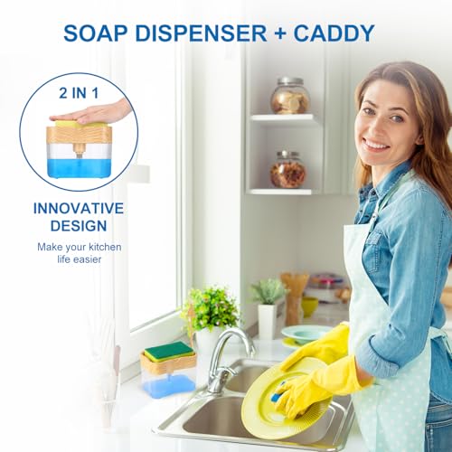 Image of Innovative Bambo Style Dish Soap Dispenser for Kitchen Sink with Sponge Holder, 13 oz Refillable Kitchen Soap Dispenser, Countertop Soap Pump for Dishwashing Liquid, Kitchen Sink Organizer