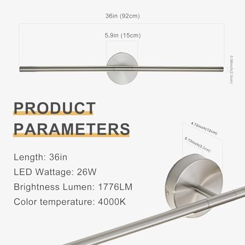Image of Brushed Nickel Bathroom Light Fixtures Over Mirror 36 Inch, 26W 360 Rotatable Dimmable 4000K LED Vanity Light Bar, Modern Bathroom Vanity Lights Above Mirror