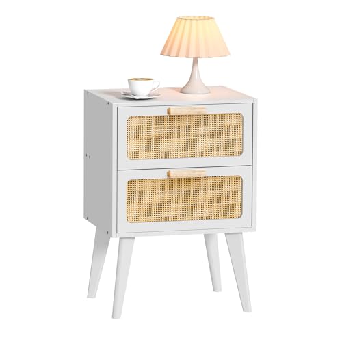 YAUKOMEL Rattan Nachttisch, Holz Beistelltisch mit 2 Hand Made Rattan...