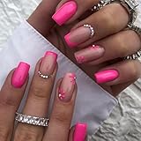 24 Pcs Hot Pink Press on Nails Medium Square - SHANRUN Fall Fake Nails Press ons Nail Art Tips Glue on Nails Full Cover Summer False Nails with Rhinestone Design Stick on Nails Acrylic Kit for Women