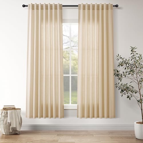 Image of Tan Semi Sheer Curtains 72 Inches Long for Bedroom Back Tab Rod Pocket Light Filtering Privacy Drapes Cotton Linen Textured Farmhouse Living Room Curtain 52X72 Inches,2 Panels
