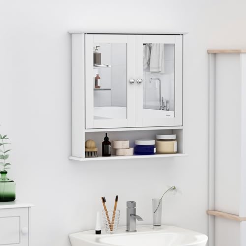 kleankin Armoire Murale étagère Salle de Bain 56L x 13l x 58H cm Double Porte Miroir étagère réglable MDF Blanc