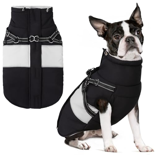 Image of Dog Winter Coat, Waterproof Dog Coat Jacket with Harness for Medium Dogs Boys Girls, Reflective Fleece Lined Pet Snow Jacket Sweaters for Pug, Jack Russel, Boston Terrier, Black M