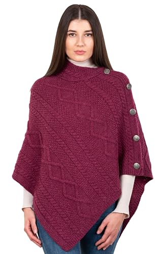 SAOL Wool Women's Poncho with Celtic Buttons Cable Knit Cardigan Cowl Neck Cape