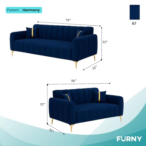 Image of FURNY Harmony 5 Seater Fabric 3+2 Sofa Set (Blue) with Premium Velvet & Golden Finish Legs | Durable & Comfortable | Ideal for Living Room