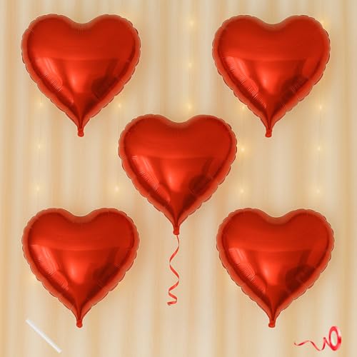 Image of Pack of 5 Heart Balloons for Happy Birthday Decoration Red Kit Baby Boys Girls Kids Men Women Car Boot Living Room Heart Shaped Foil Balloon Set Items