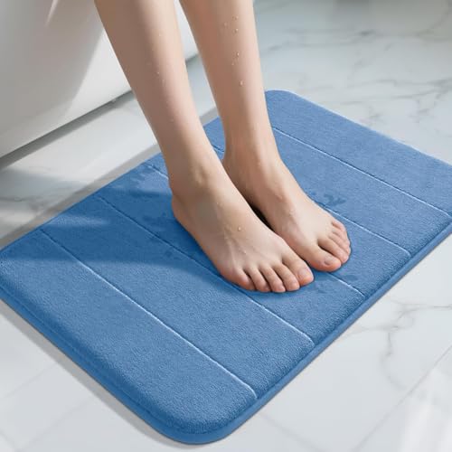 Yimobra Memory Foam Bath Mat Rug, 24 x 17 Inches, Comfortable, Soft, Super Water Absorption, Machine Wash, Non-Slip, Thick, Easier to Dry for Bathroom Floor Rugs, Blue