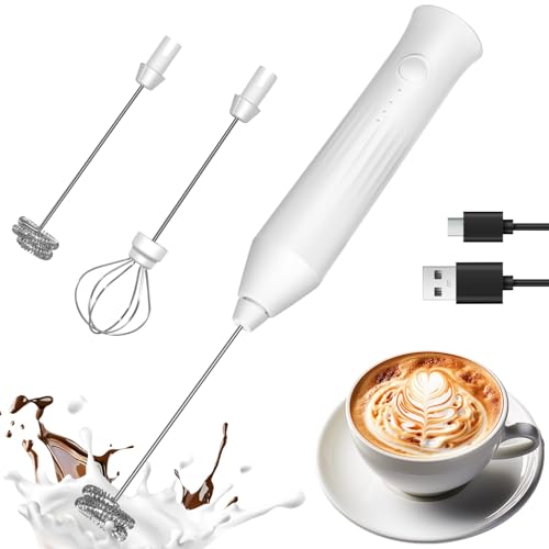 Image of Rechargeable Milk Frother Handheld, Electric Frother Wand with 2 Stainless Stee Whisks & 3 Speeds,Drink Mixer Handheld for Coffee, Latte, Cappuccino, Matcha, Protein Shakes-White