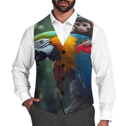 Monkey Riding Macaw Parrot Suit Vest for Men Slim Fit Tuxedo Waistcoat Button Down V Neck Business Dress Coat