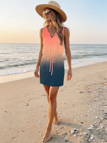 Image of SAUKOLE Womens Sleeveless T Shirt Dresses Casual Cute Floral Print Short Dress Summer Fashion Front Pockets