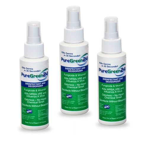 PureGreen24 Safe & Effective Disinfectant. Kills Deadly Germs including RSV COVID-19 Norovirus MRSA Staph 2025 flu Bird flu Contains no toxic chemicals odorless child & pet safe 3 4oz spray bottles