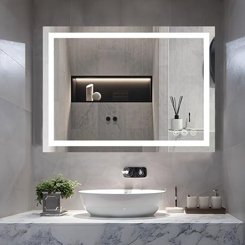 Butylux 36x28 inch LED Bathroom Mirror, Frontlit Wall Mounted Lighted Bathroom Mirror with Smart Touch Button, Memory Function, 3000K-6000K Adjustable Color, 10%-100% Stepless Dimmable, Anti-Fog