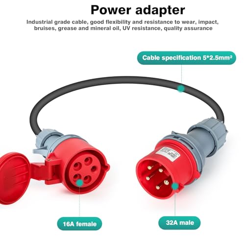 Jadeshay Camping Stromadapter, Camping Stecker Adapter 32A Stecker auf 16A Kupplung 5-poliges Starkstrom Verteiler 32A auf 16A Adapter 5x2,5mm²