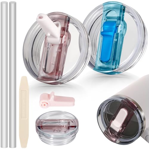 ANTAND 2 Pack Detachable Leakproof Lid Replacement (Only) for 14 oz Stanley Quencher H2.0 and ProTour Tumbler Cup Accessories, Flip Straw Lids, Easy to Clean, Heat-Resistant (Rose Quartz, Blue)