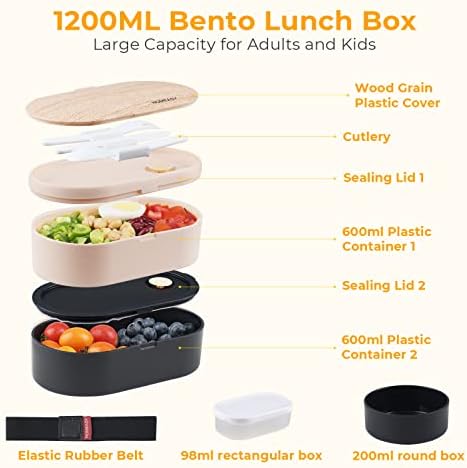 homeasy Bento Box, Lunch Box with Cutlery Set and 2 Sauce Pot, 2 Tiers Bento Lunch Boxes 1200ML Container BPA-Free Food Material Ideal for Adult/Kids/Student, Black