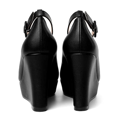 AMBELIGHT Womens Matte Solid Buckle Evening Dress Round Toe Platform Ankle Strap Wedge High Heel Pumps Shoes 4 Inch4