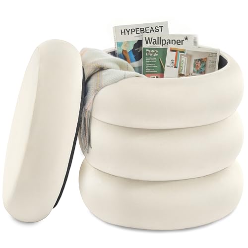 SONGMICS Vanity Stool Round Ottoman with Storage Upholstered Foot Stool Removable Lid for Living Room Bedroom Easy Assembly 16.9 x 16.9 x 18.5 Inches Velvet Fabric Cream White ULOM018LH01