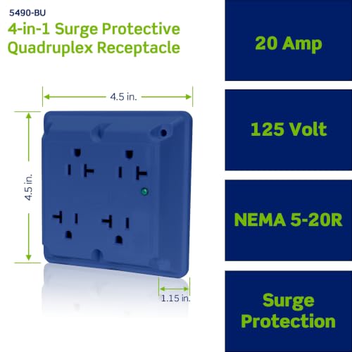 Image of Surge Protective 4-in-1 Receptacle with Indicator Light, 20 Amp, 125 Volt, Heavy-Duty Industrial Specification Grade, Straight Blade Quadruplex Outlet, Grounding, Blue, Leviton 5490-BU