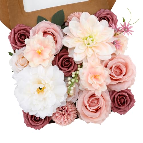 Floweroyal Artificial Flowers Combo Pink Flowers Mix Silk Flowers Dahlia Roses with Stems for Wedding Bridal Bouquets Table Centerpieces