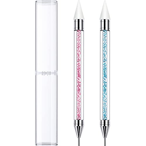 2 Pieces Rhinestone Picker Dotting Pen, Dual-ended Rhinestone Gems Crystals Studs Picker Wax Pencil Pen Crystal Beads Handle Manicure Nail Art DIY Decoration Tool (Light Blue Pink)