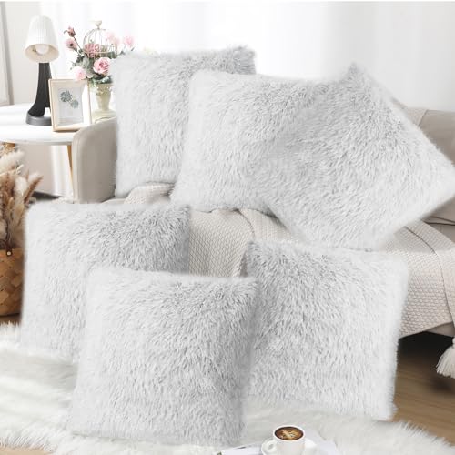 VitalCozy Lot de 6 housses de coussin décoratives en peluche douce à rayures pour canapé, chambre à coucher, salon, maison (45,7 x 45,7 cm, gris)