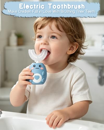 KEGOZ Kids Electric U Shaped Toothbrush for Ages 2-12, Sonic 360º Cleaning Toothbrush with 4 Brush Heads, 3 Modes, 50s Timer, IPX7 Waterproof, Cartoon Dinosaur Design, Gift for Boys & Girls (Blue) — view 2