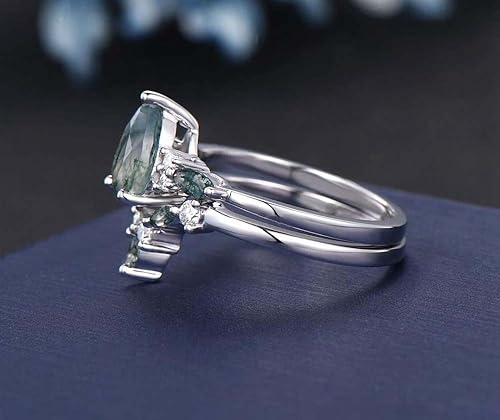 Natural Moss Agate Ring Set 925 Sterling Silver Pear Shape Moss Agate and Moissanite Engagement Ring for Women Free Engraving4