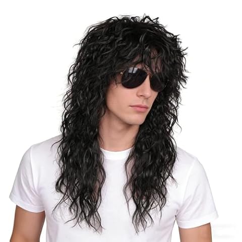 Werownsgso Peruka męska w stylu lat 80., czarna, rockowa, kręcona, długa, naturalna, warstwowa, na Halloween, karnawał, Cosplay, kolor czarny