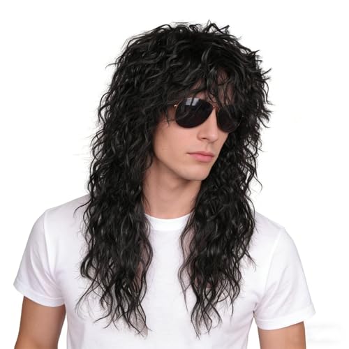 Werownsgso Peruka męska w stylu lat 80., czarna, rockowa, kręcona, długa, naturalna, warstwowa, na Halloween, karnawał, Cosplay, kolor czarny