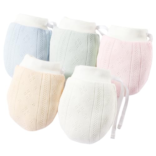 MOMSMENU Newborn Mittens No Scratch 100% Cotton Mitts baby mittens 0-12months Drawstring 5Pack, White Beige Blue Green Pink, 0 - 12Months