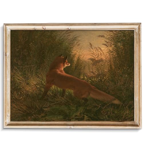 uniro Vintage Red Fox Wall Art Prints Retro Autumn Fox Hunting Painting Landscape Oil Painting Antique Fox in Winter Christmas Wall Decor Farmhouse Canvas Wall Art Decor Rustic Animal Picture Aesthetic for Bedroom Bathroom Living Room Christmas Holiday Decor - 8x10 Unframed