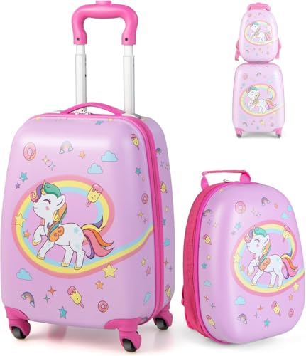 MonTravel Set Trolley Bambini 2 Pezzi Valigia Rigida e Zainetto Coordinato Bagaglio a Mano 46x22x32 cm con Ruote Girevoli Spinner 360 Asta Telescopica Fantasia Unicorn per Viaggio e Scuola