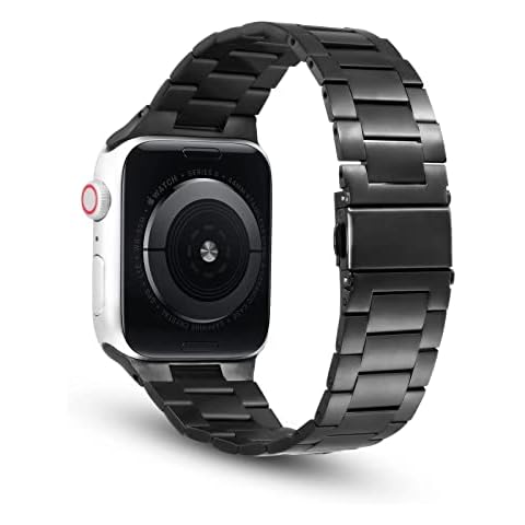 MOKASE Metal Stainless Steel Watch Bands Compatible with Apple Watch Band 38mm 40mm 41mm 42mm 44mm 45mm Women & Men Slim Replacement Adjustable Wristband for iWatch Series SE 7 6 5 4 3 2 1, Black Cover