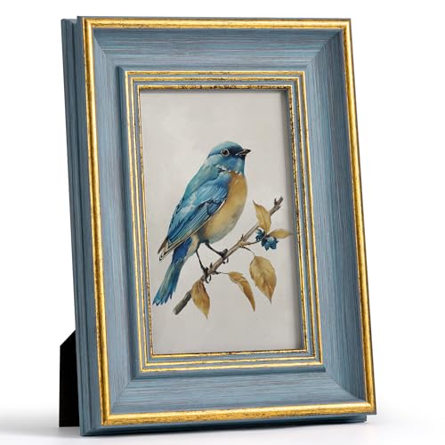Sapowerntus Vintage 4x6 Picture Frame Gold Line Blue Distressed Photo Frame Antique Wall Hanging Tabletop Display Home Decor Retro Shabby Chic Elegant Family Unique Gift