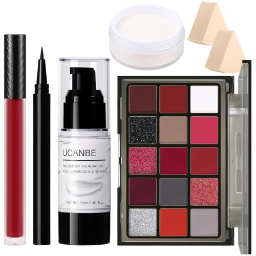 Image of UCANBE Halloween Makeup Kit - 15-Color Red Eyeshadow Palette, White Liquid Foundation, Red Liquid Lipstick, Black Eyeliner, Setting Powder & Sponges Makeup Set for SFX Cosplay Costume Clown Vampire