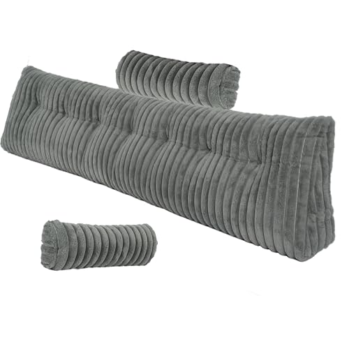 Huanicom Faux Fur Wedge Pillow King, 3PCS Headboard Backrest Set with 2 Neck Bolsters, Large Triangular Reading Pillow for Bed & Daybed Working & Gaming, Removable Cover (Grey, King: 76x8x20 Inches)