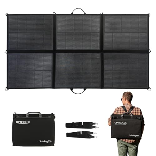 OPTISOLEX 220W Portable Solar Panel Foldable SolarBag with USB-C 45W & Dual USB-A Ports N-Type High Efficiency Solar Blanket 18V Solar Charger for Power Station Camping RV Off-Grid SUV Marine