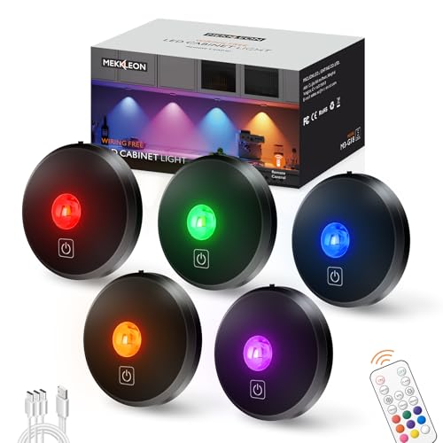 MEKKLEON Puck luci con telecomando ricaricabile, senza fili sotto l'illuminazione dell'armadio,2000mAh a batterie Tap Push Touch luci (nero, 5 pz)