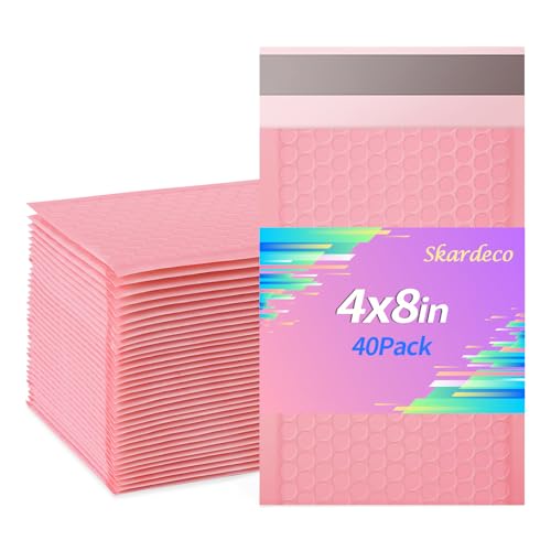 skardeco 4x8 Inch Pink Bubble Mailers 40 Pack Self-Seal Poly Padded Envelopes Suitable for Small Businesses to Package and Mail Jewelry Cosmetics, Electronic Products, Cards (Pink, 4 x 8-40)