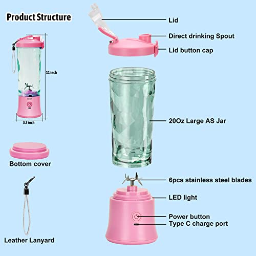 20 Oz Portable Blender For Shakes And Smoothies, Topesct Personal Size Blender Usb Rechargeable, Strong Cutting Power With 6 Ultra-Sharp Blades For Travel, Office & Sports (Pink) #TOP5
