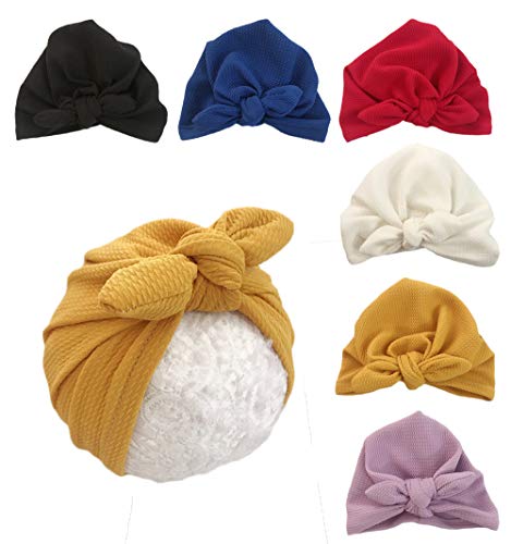 Image of Girls Baby Cotton Cloth Turban Kont Toddler Tabbit Ear Hat Kids Set Head Cap Baby Hats (Medium, B-6 Pack White&Black&red&Yellow&Navy&Purple)