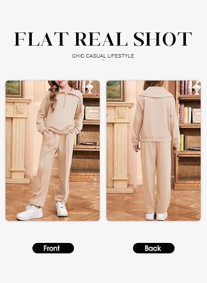 Image of Girls Fall Outfits Quarter Zip Pullover Jogger Sweatsuit Sets Size 6-15