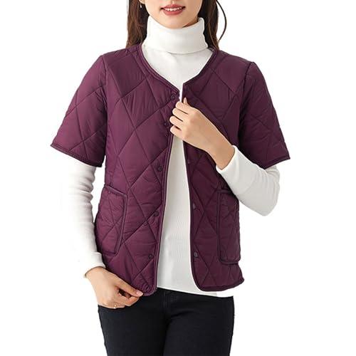 Women's Fleece Lined Puffer Jacket Short Sleeve Snap Button Down Coats with Pocket Warm Diamond Quilted Jacket2