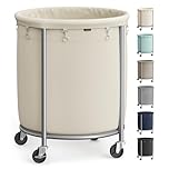 SONGMICS 50.2-Gallon (190 L) Laundry Basket with Wheels, Rolling Round Heavy-Duty Laundry Hamper Cart with Steel Frame and Removable Bag, 2 Locking Wheels, Cream White and Metallic Silver URLS01MZ